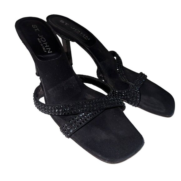 St. John Rhinestone Embellished Black Satin Heels Strappy Sandals Sz 8 AA READ - Picture 1 of 12